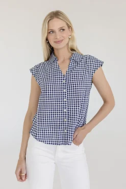 Georgia Cap Sleeve Button Down Cropped Gingham Top Navy