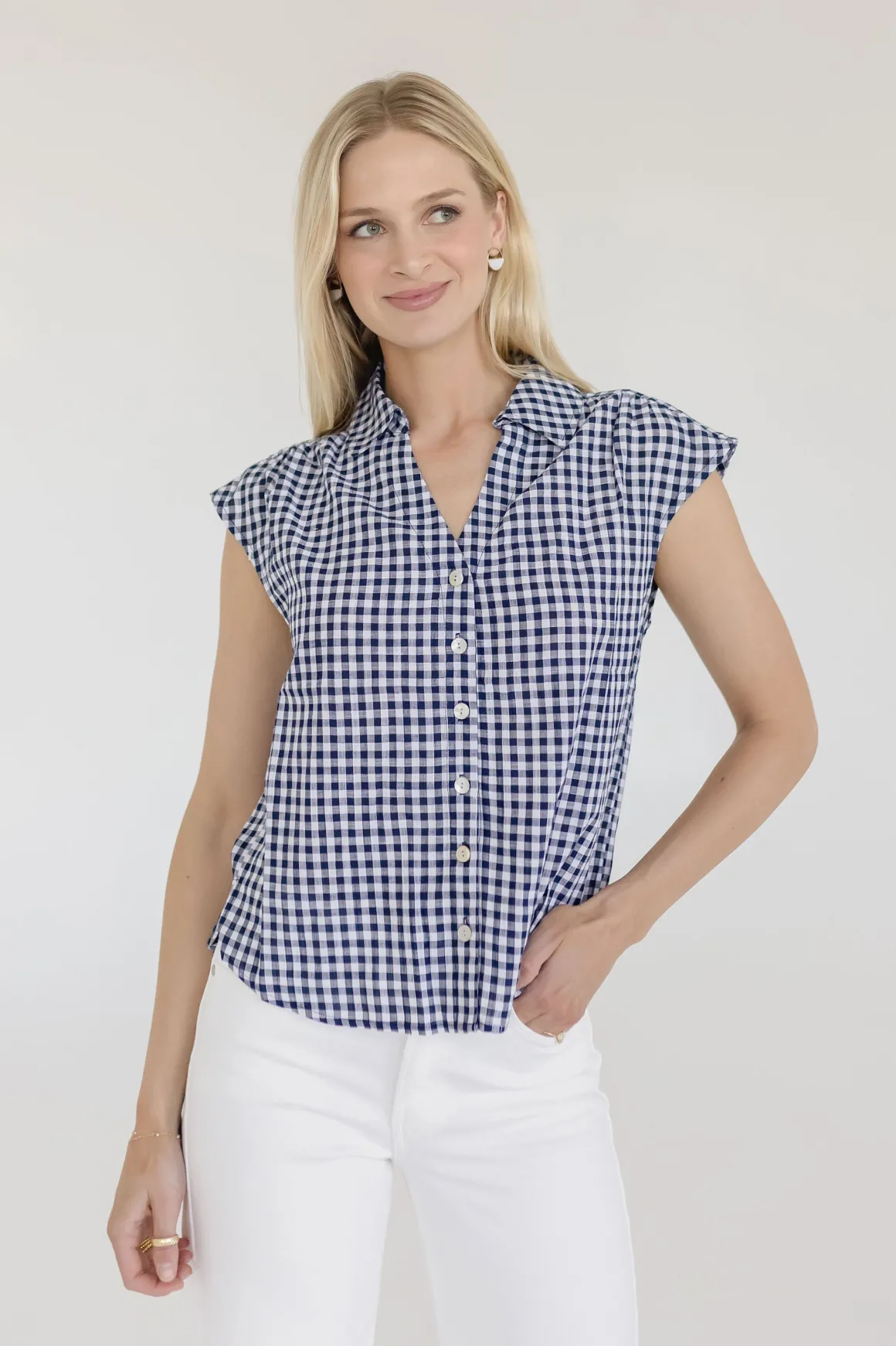 Georgia Cap Sleeve Button Down Cropped Gingham Top Navy
