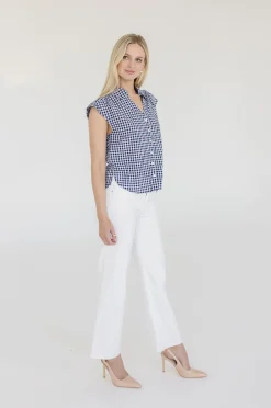Georgia Cap Sleeve Button Down Cropped Gingham Top Navy