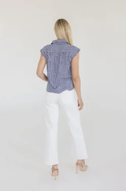 Georgia Cap Sleeve Button Down Cropped Gingham Top Navy