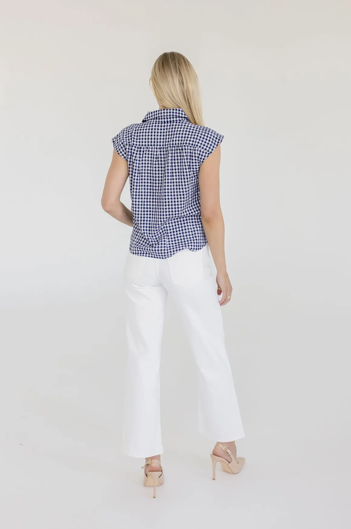 Georgia Cap Sleeve Button Down Cropped Gingham Top Navy