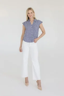 Georgia Cap Sleeve Button Down Cropped Gingham Top Navy