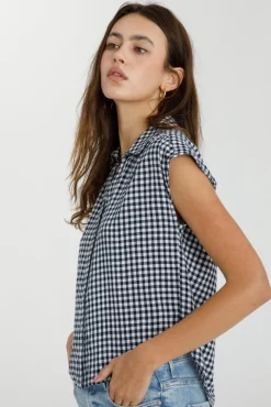 Georgia Cap Sleeve Button Down Cropped Gingham Top Navy