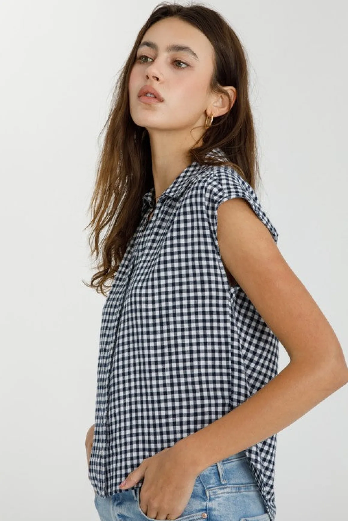 Georgia Cap Sleeve Button Down Cropped Gingham Top Navy