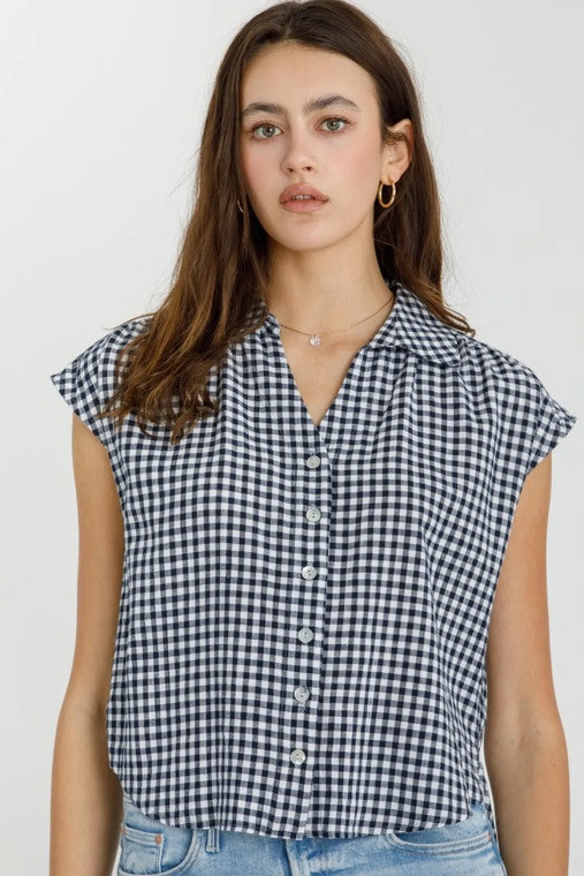 Georgia Cap Sleeve Button Down Cropped Gingham Top Navy