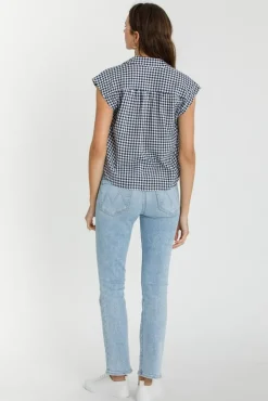 Georgia Cap Sleeve Button Down Cropped Gingham Top Navy