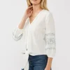 Gianna 3/4 Sleeve Embroidered Front Tie Top White