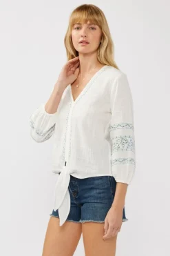 Gianna 3/4 Sleeve Embroidered Front Tie Top White