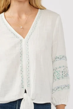 Gianna 3/4 Sleeve Embroidered Front Tie Top White