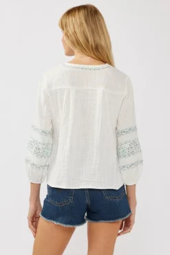 Gianna 3/4 Sleeve Embroidered Front Tie Top White