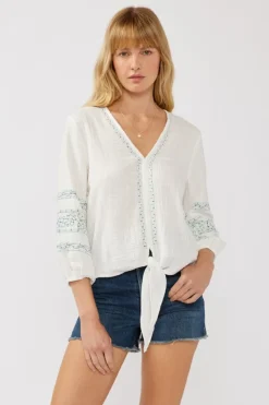 Gianna 3/4 Sleeve Embroidered Front Tie Top White