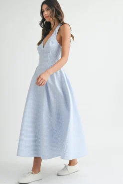 Gigi Sleeveless Halter Gingham Print Midi Dress Blue