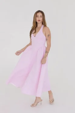 Gigi Sleeveless Halter Gingham Print Midi Dress Pink