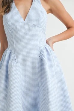 Gigi Sleeveless Halter Gingham Print Midi Dress Blue