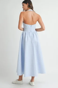 Gigi Sleeveless Halter Gingham Print Midi Dress Blue