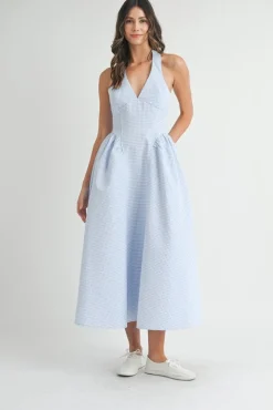 Gigi Sleeveless Halter Gingham Print Midi Dress Blue