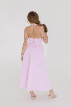 Gigi Sleeveless Halter Gingham Print Midi Dress Pink