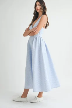 Gigi Sleeveless Halter Gingham Print Midi Dress Blue