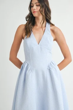Gigi Sleeveless Halter Gingham Print Midi Dress Blue