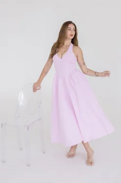 Gigi Sleeveless Halter Gingham Print Midi Dress Pink