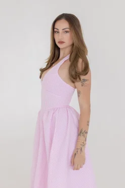 Gigi Sleeveless Halter Gingham Print Midi Dress Pink