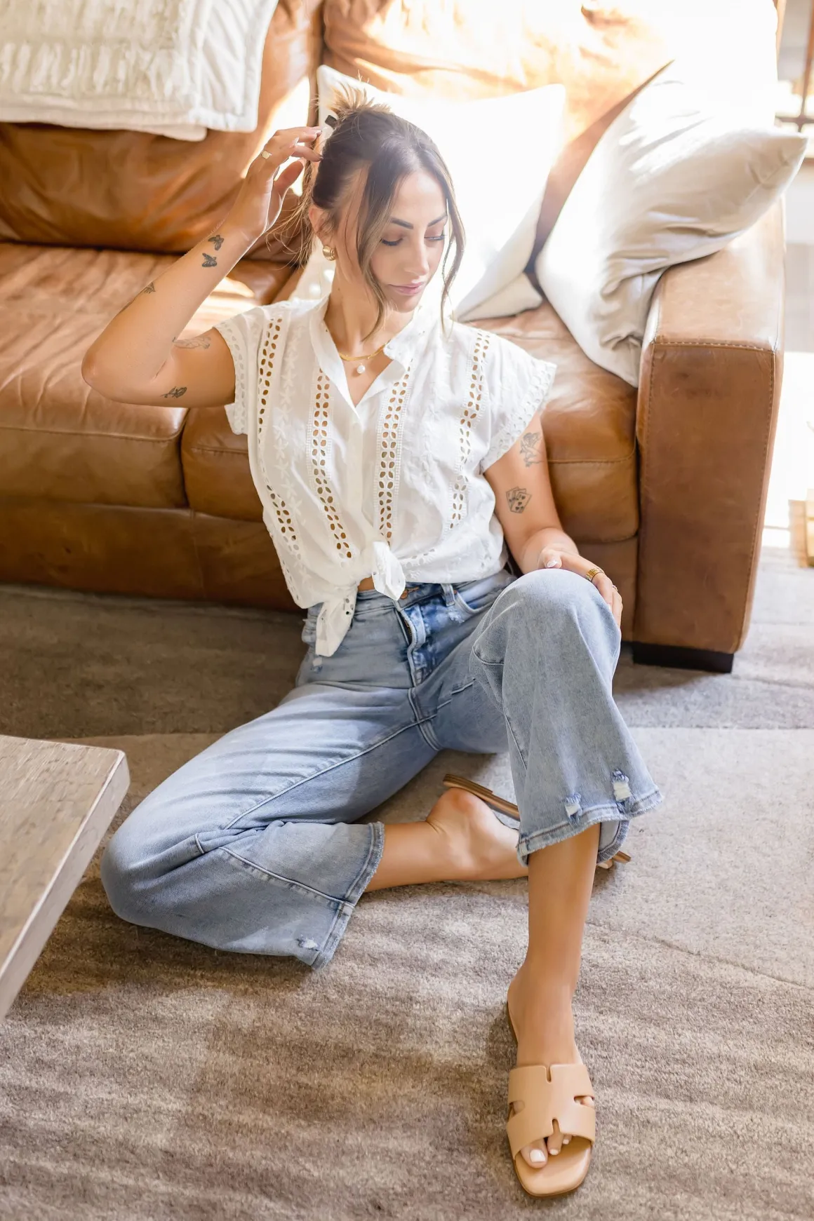 Ginger Short Sleeve Eyelet Floral Print Top White