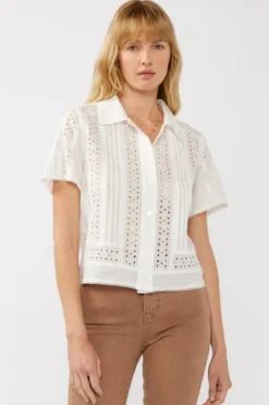 Gracie Short Sleeve Button Down Eyelet Trim Top White