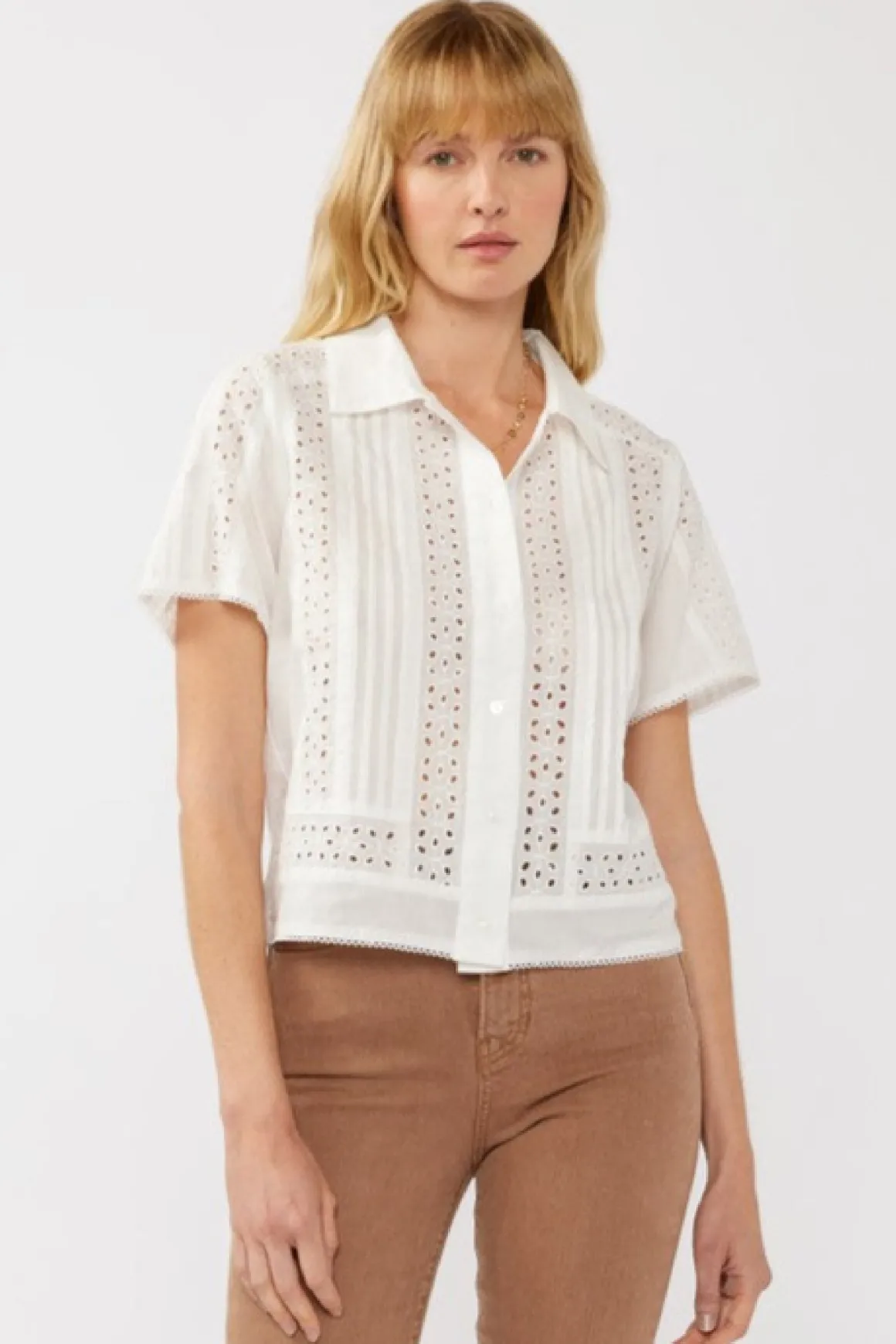 Gracie Short Sleeve Button Down Eyelet Trim Top White