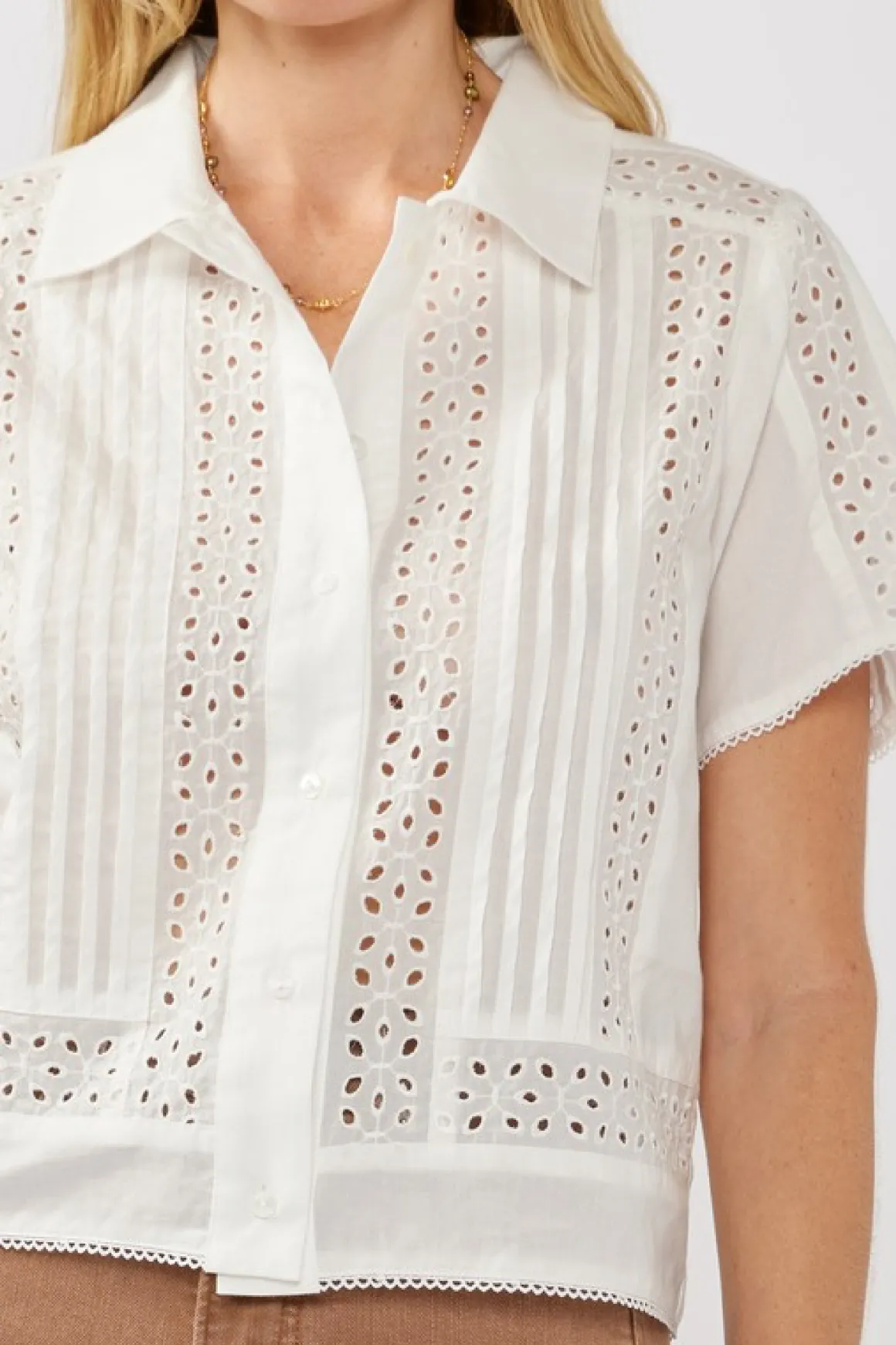 Gracie Short Sleeve Button Down Eyelet Trim Top White