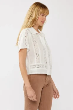 Gracie Short Sleeve Button Down Eyelet Trim Top White