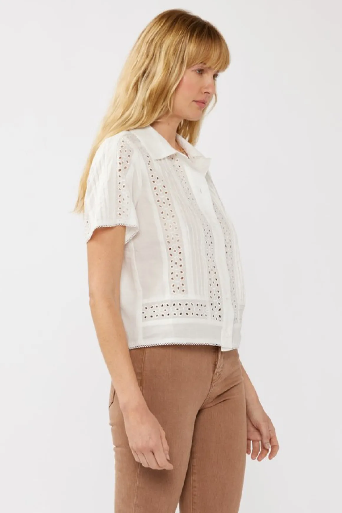 Gracie Short Sleeve Button Down Eyelet Trim Top White
