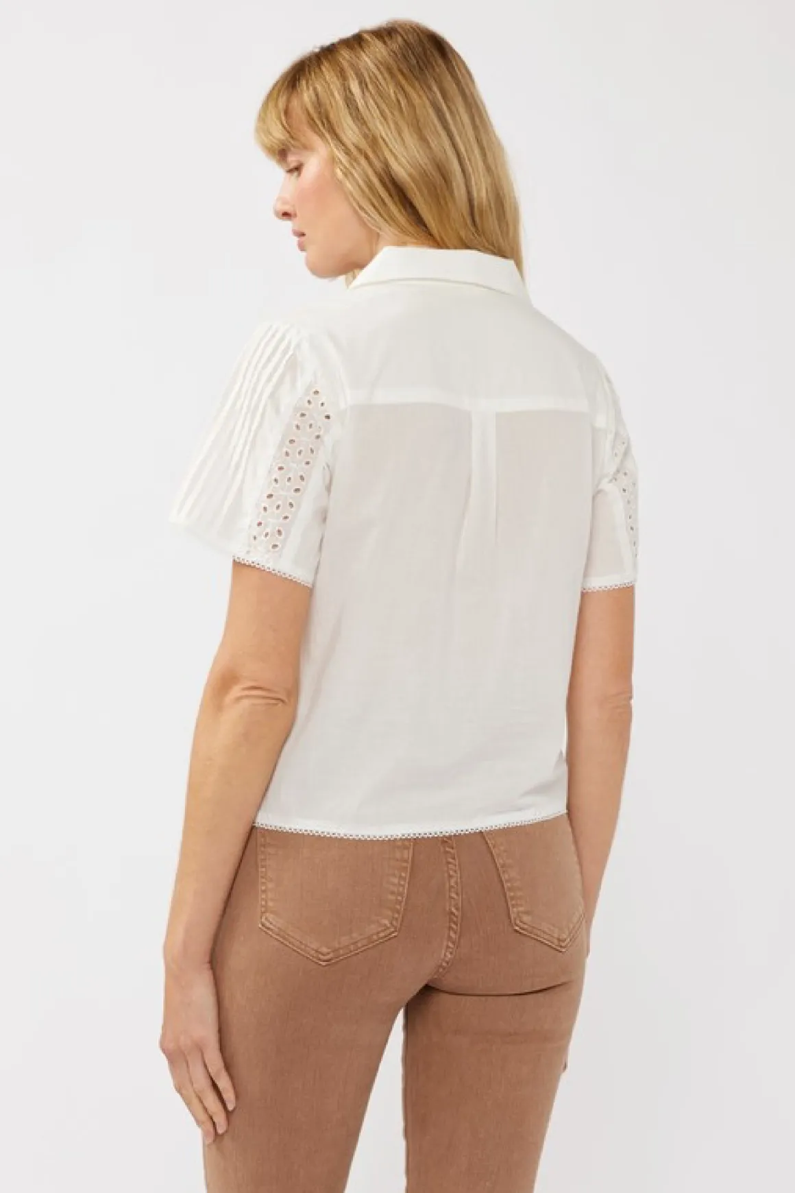Gracie Short Sleeve Button Down Eyelet Trim Top White