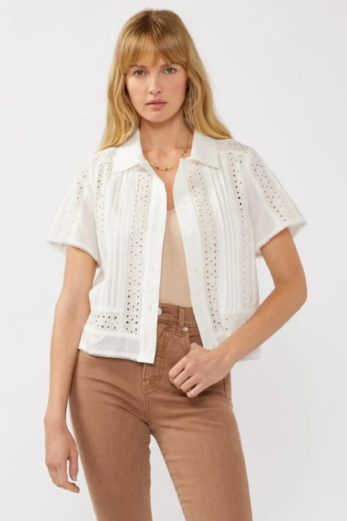 Gracie Short Sleeve Button Down Eyelet Trim Top White