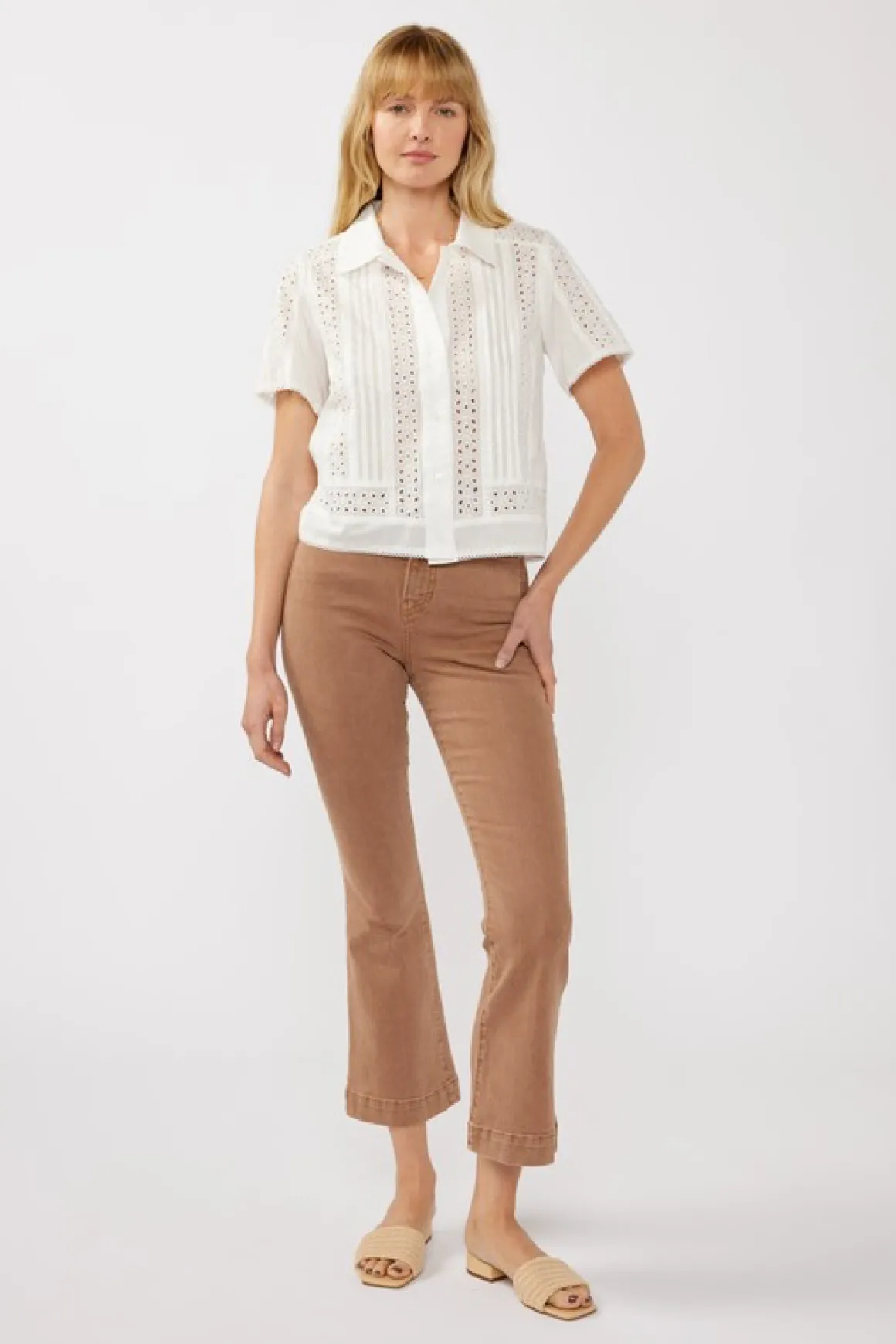 Gracie Short Sleeve Button Down Eyelet Trim Top White