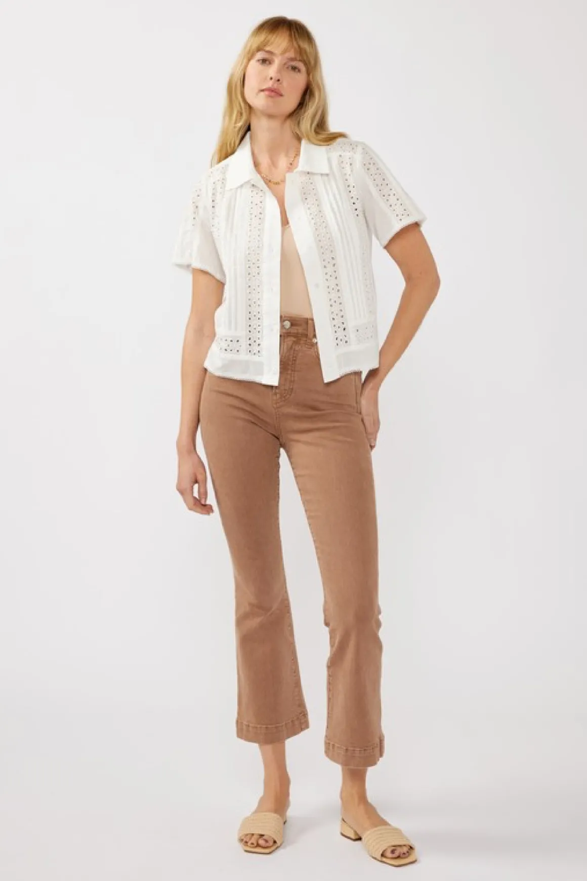 Gracie Short Sleeve Button Down Eyelet Trim Top White