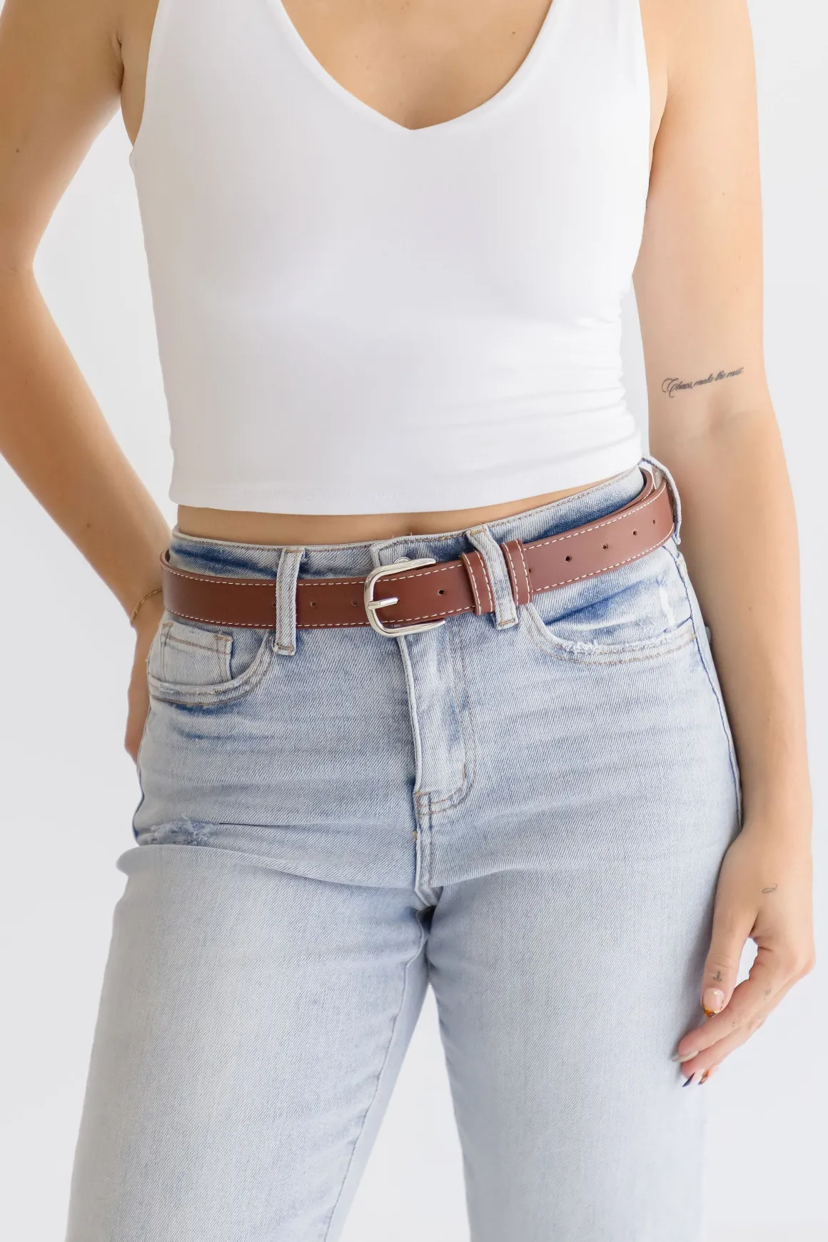 Greer Contrast Stitched Rectangle Buckle Belt Cognac