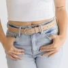 Greer Contrast Stitched Rectangle Buckle Belt Beige