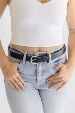 Greer Contrast Stitched Rectangle Buckle Belt Black