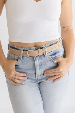 Greer Contrast Stitched Rectangle Buckle Belt Beige
