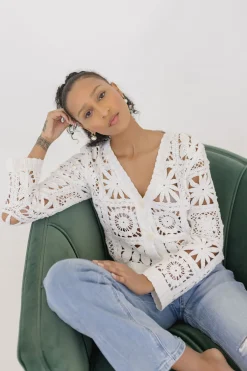 Gwenyth Long Sleeve Cropped Crochet Cardigan White