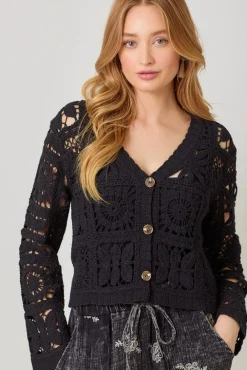 Gwenyth Long Sleeve Cropped Crochet Cardigan Black