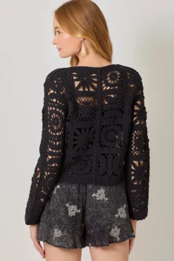 Gwenyth Long Sleeve Cropped Crochet Cardigan Black
