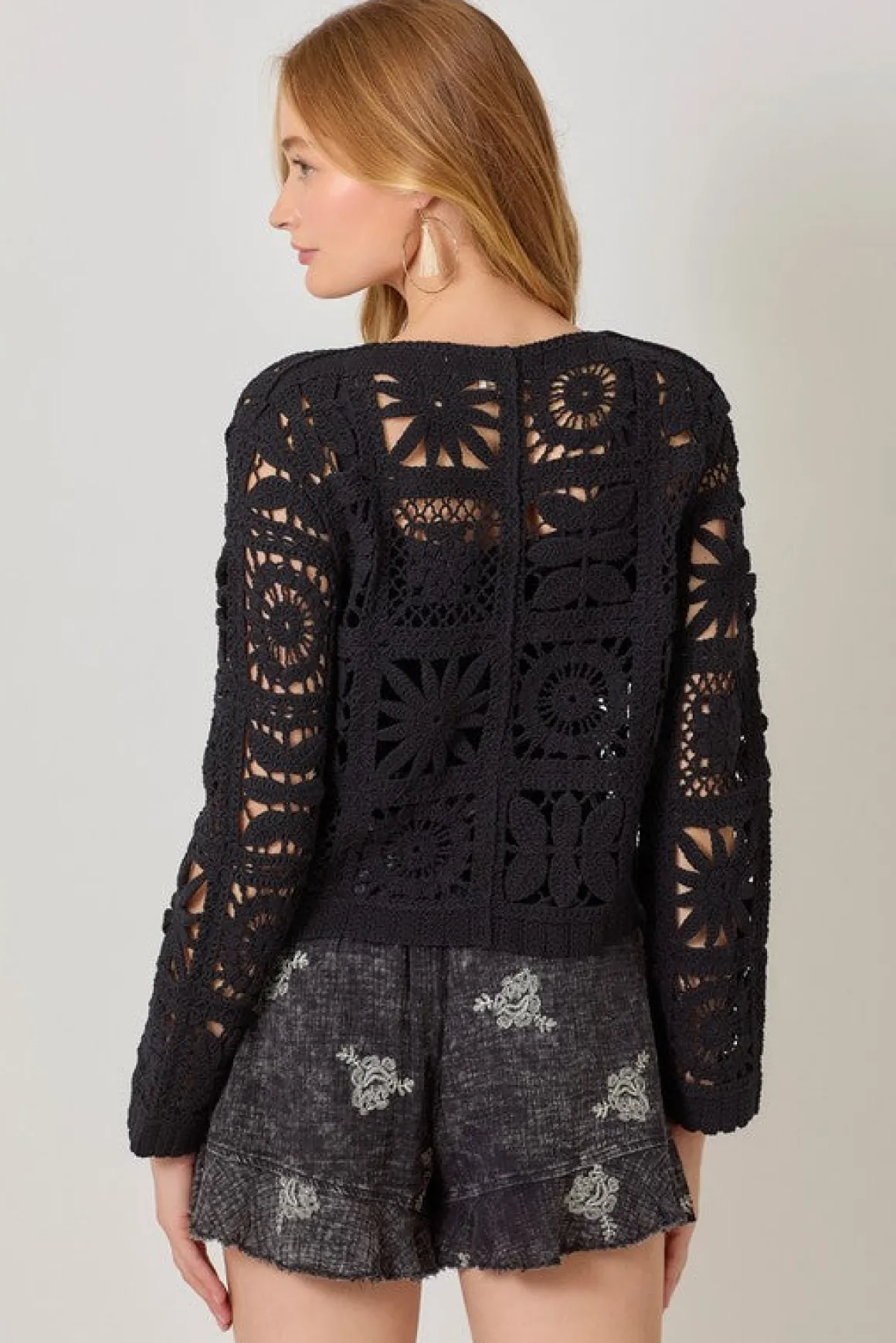 Gwenyth Long Sleeve Cropped Crochet Cardigan Black