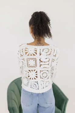 Gwenyth Long Sleeve Cropped Crochet Cardigan White