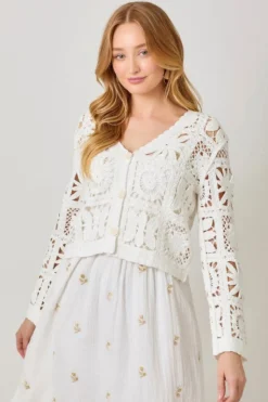 Gwenyth Long Sleeve Cropped Crochet Cardigan White