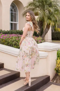 Hadley Sleeveless Shoulder Tie Floral Print Midi Dress Blush
