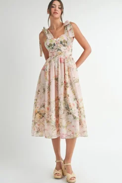 Hadley Sleeveless Shoulder Tie Floral Print Midi Dress Blush