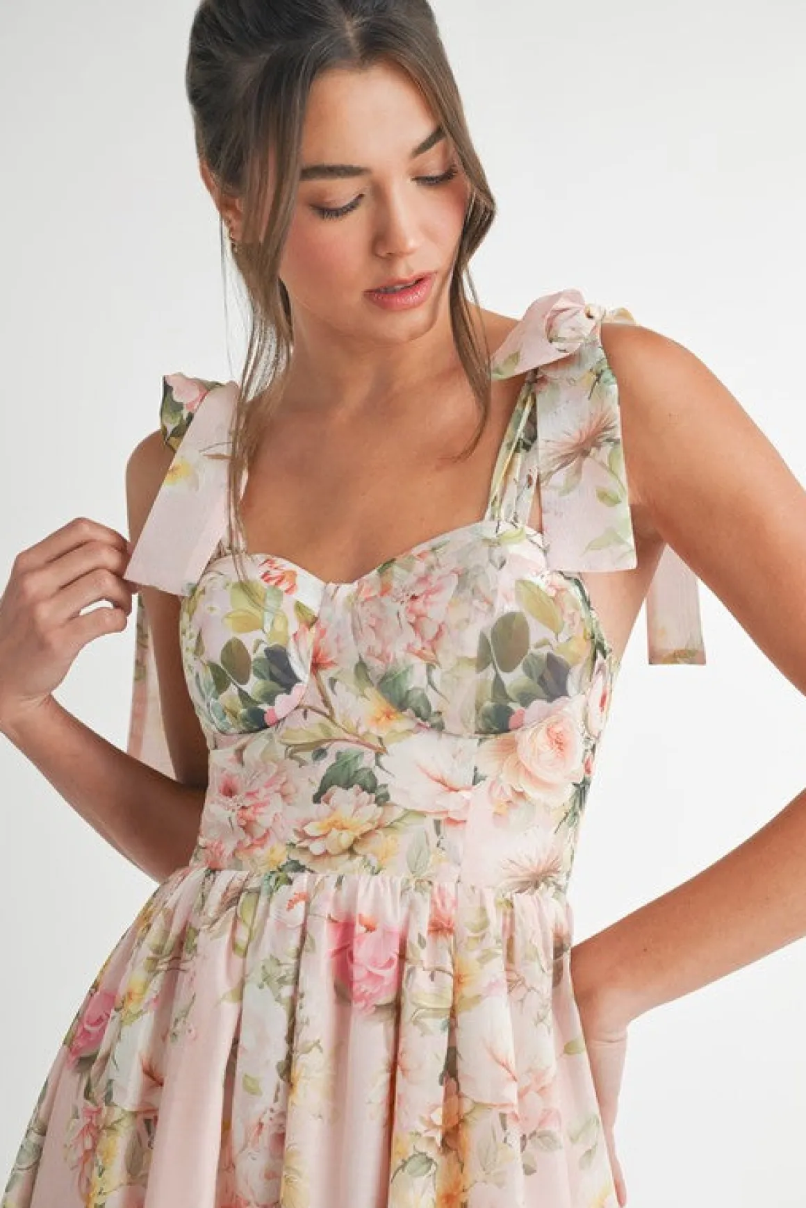 Hadley Sleeveless Shoulder Tie Floral Print Midi Dress Blush