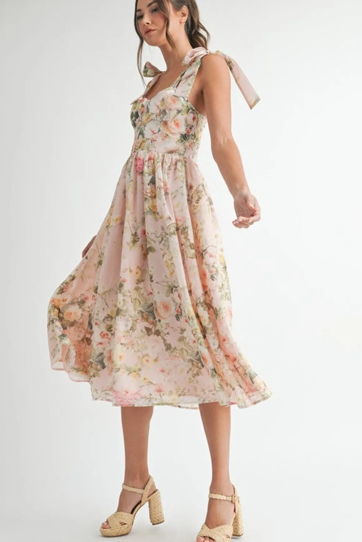 Hadley Sleeveless Shoulder Tie Floral Print Midi Dress Blush