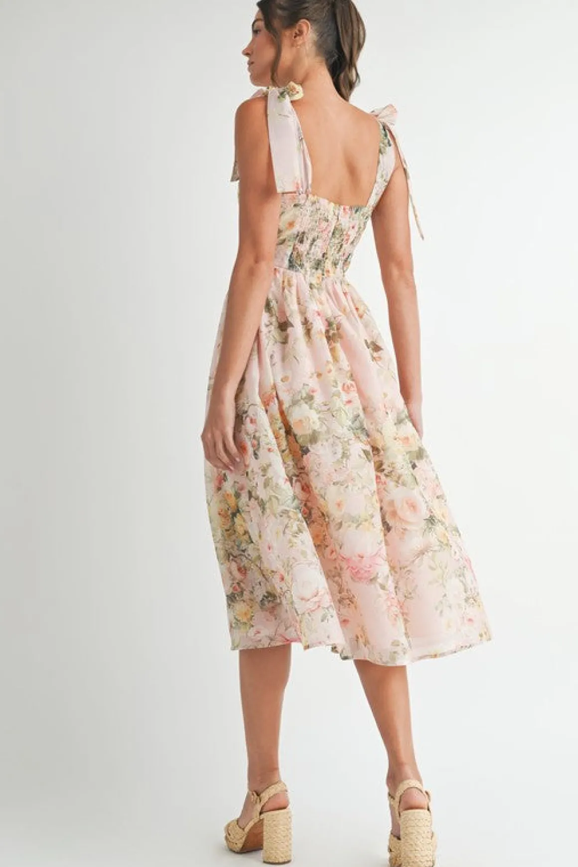Hadley Sleeveless Shoulder Tie Floral Print Midi Dress Blush